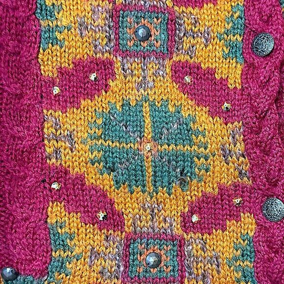 Vintage Evan Picone Hand Knit Cardigan Sweater Red Gold Button Up - Picture 7 of 7